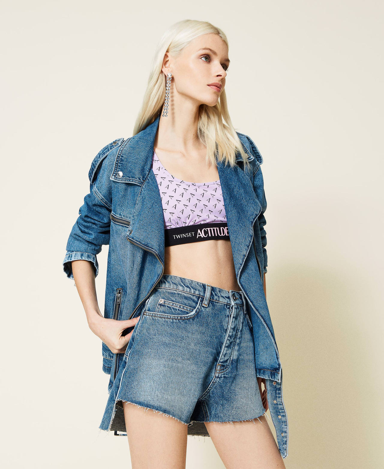 Asymmetric denim shorts