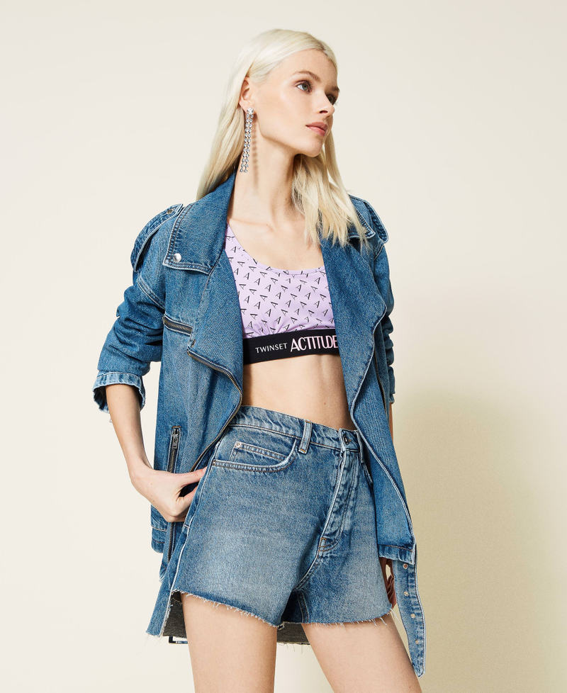 Asymmetric denim shorts