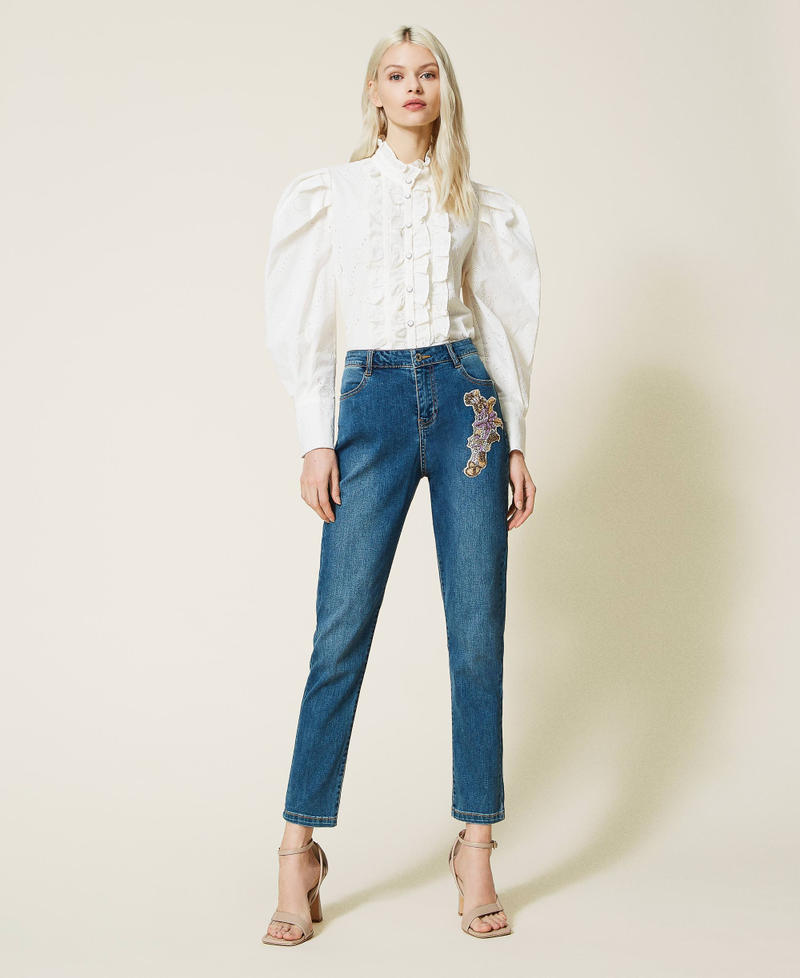Girlfriend jeans with embroidered patch "Mid Denim" Blue Woman 221AT234A-02