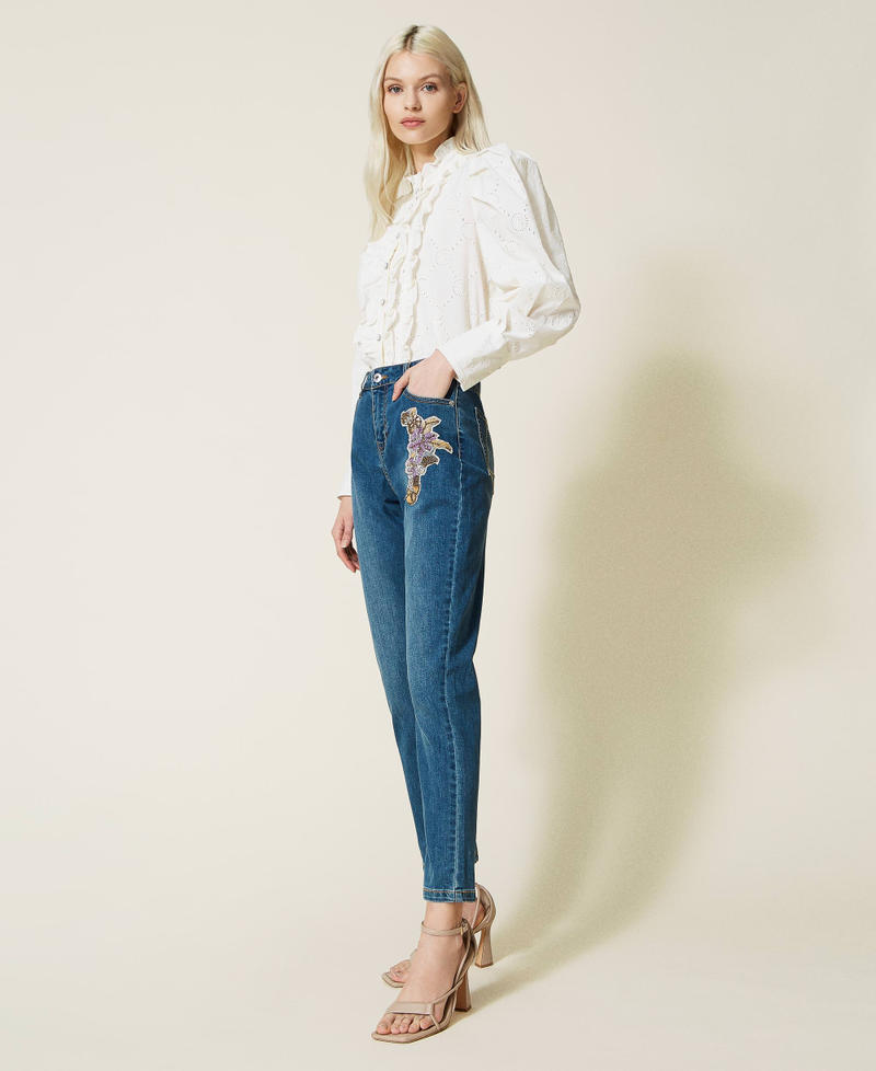 Girlfriend jeans with embroidered patch "Mid Denim" Blue Woman 221AT234A-03