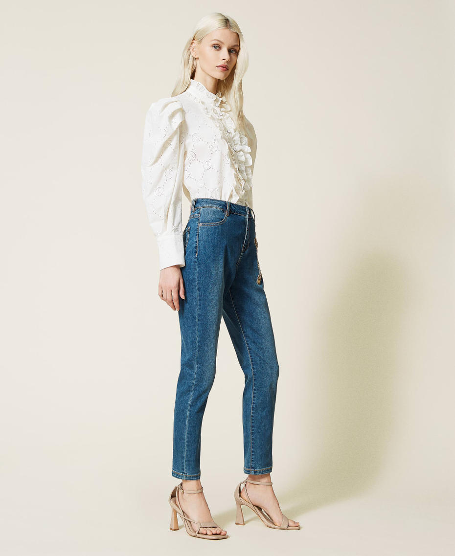 Girlfriend jeans with embroidered patch "Mid Denim" Blue Woman 221AT234A-04