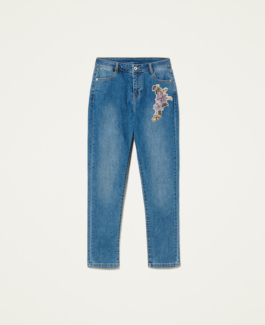 Girlfriend jeans with embroidered patch "Mid Denim" Blue Woman 221AT234A-0S