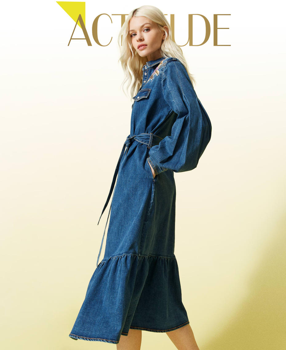Long denim dress with embroidered patch "Mid Denim" Blue Woman 221AT234C-01