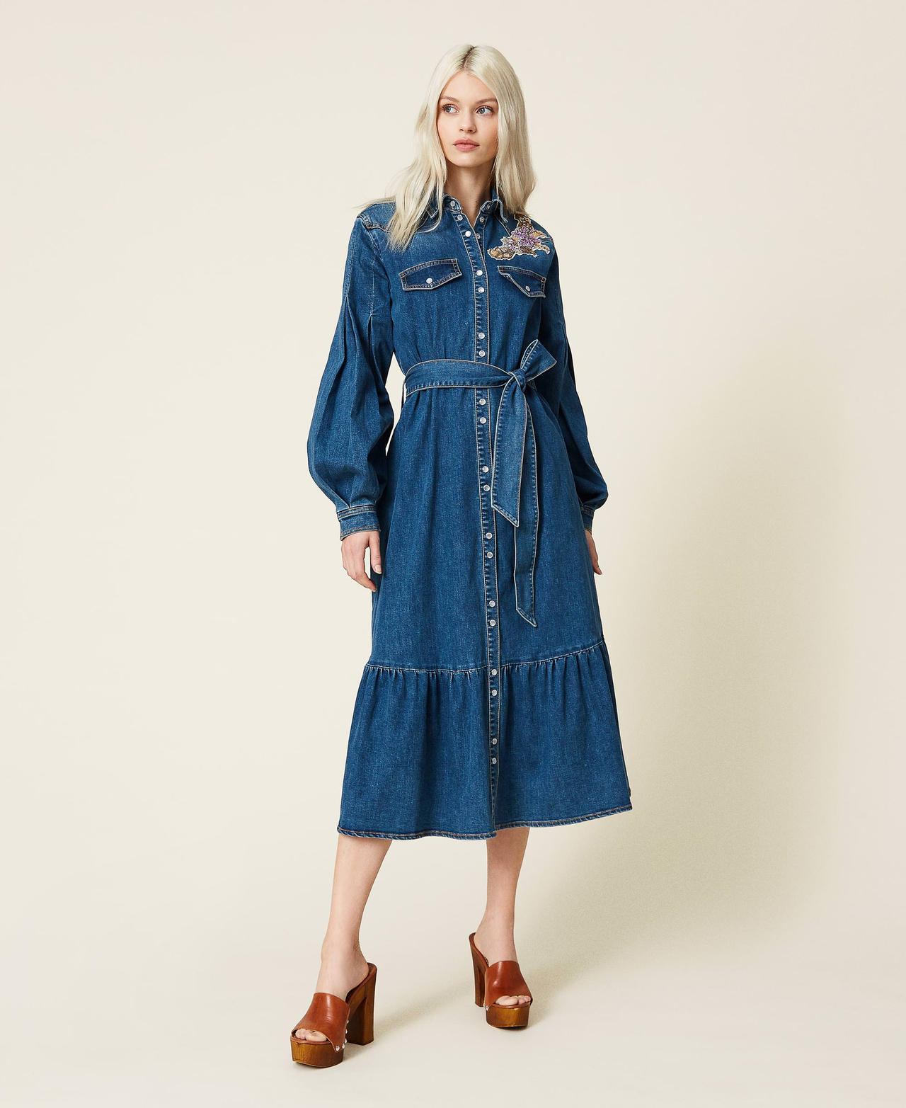 Long denim dress with embroidered patch