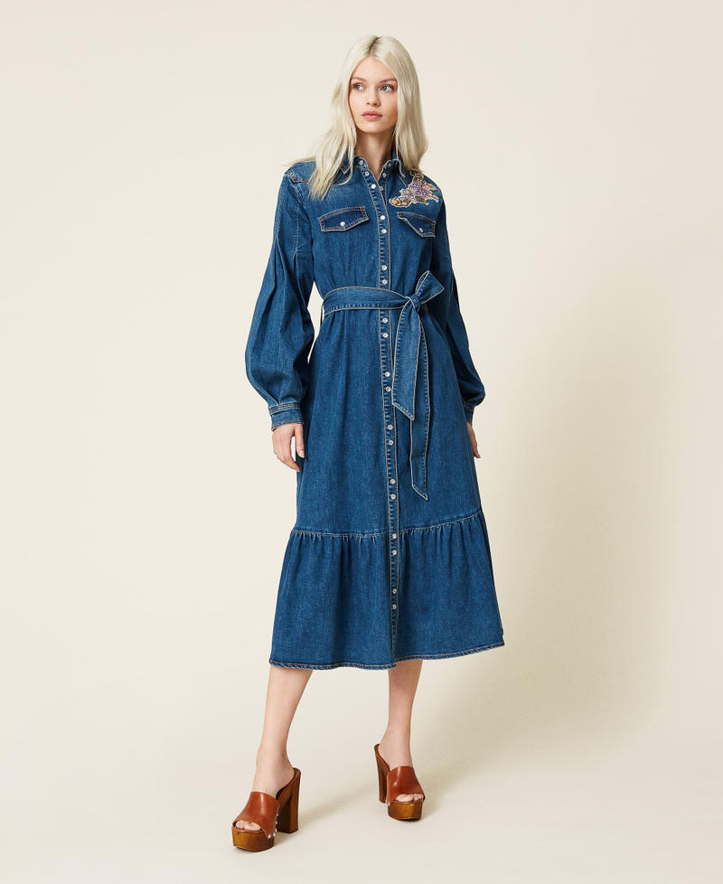 Long denim dress with embroidered patch Woman Blue TWINSET Milano