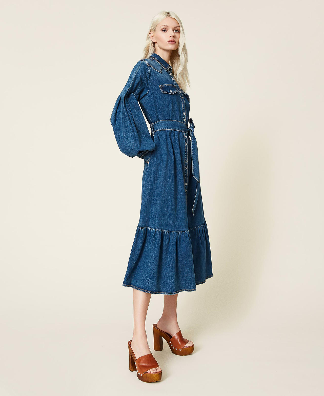 Long denim dress with embroidered patch