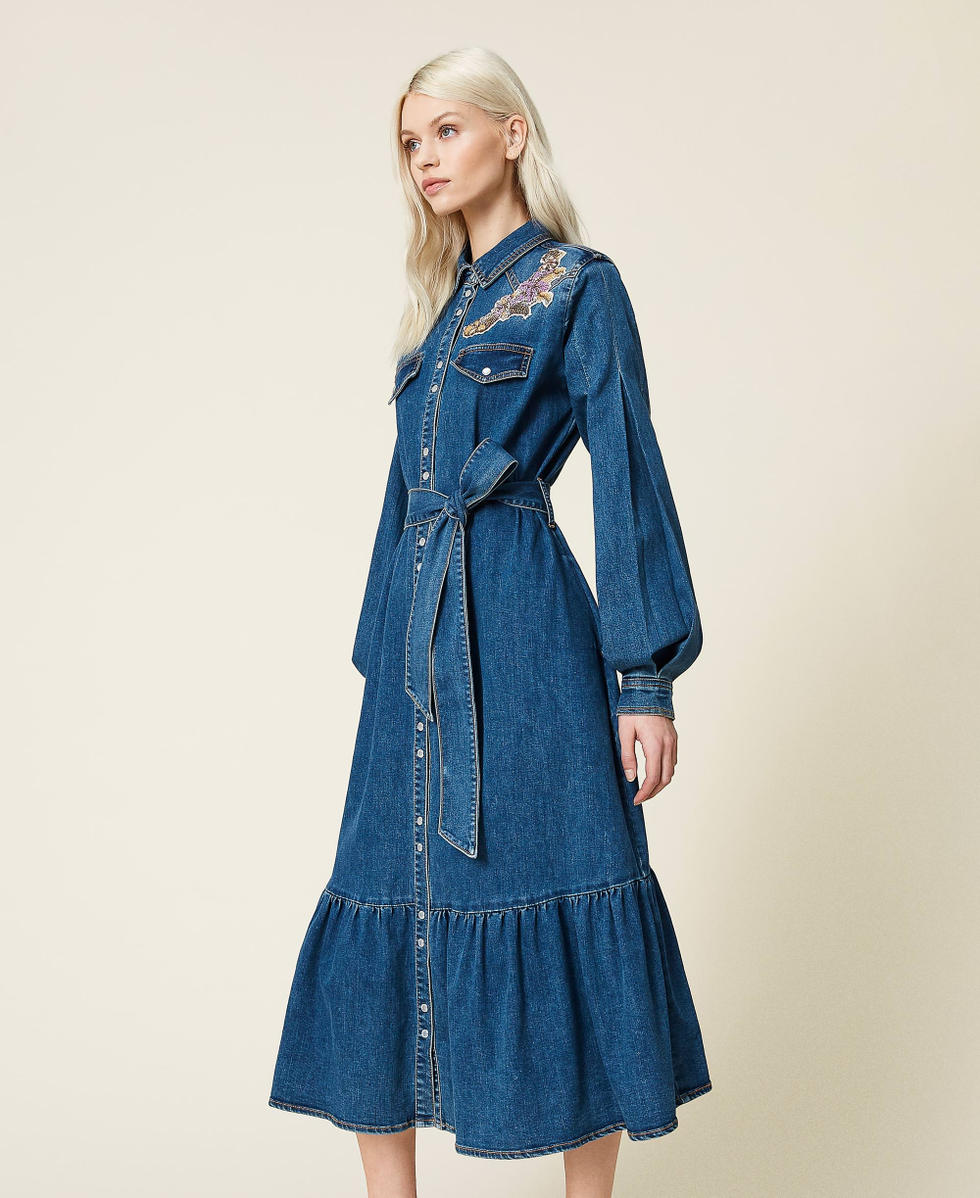 Long denim dress with embroidered patch Woman, Blue | TWINSET Milano