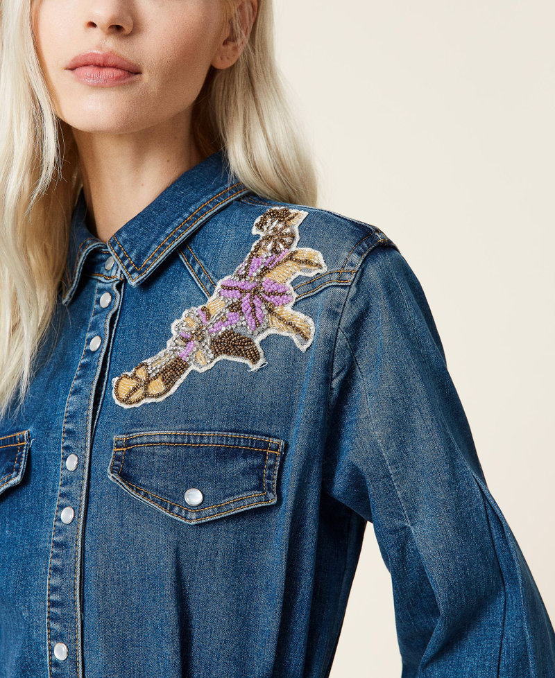 Long denim dress with embroidered patch Woman Blue TWINSET Milano