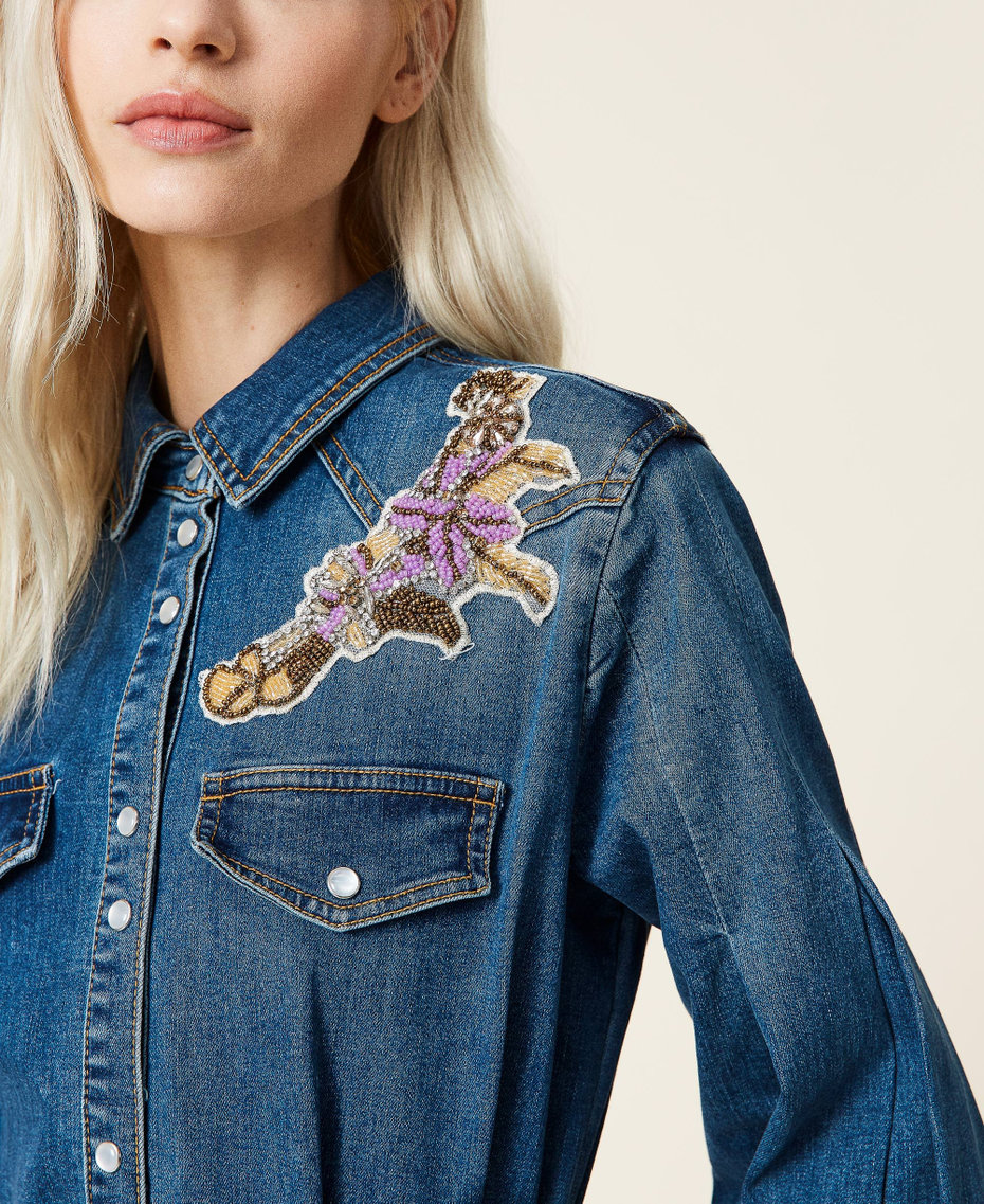 Long denim dress with embroidered patch