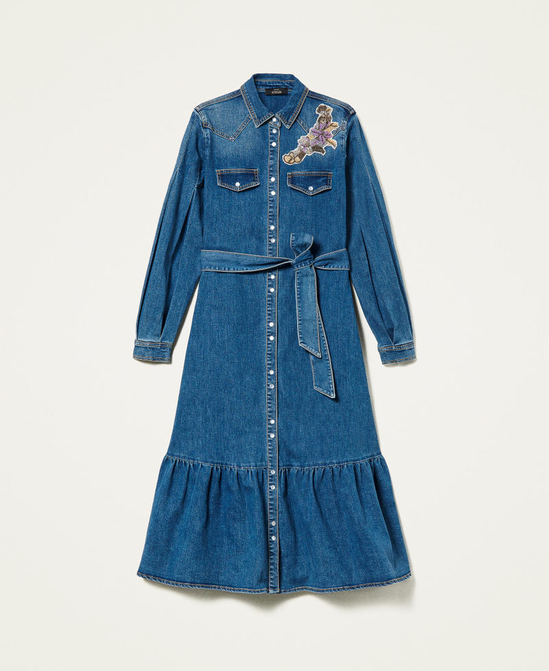 Длинное джинсовое платье с вышитым патчем Синий "Средний Деним" женщина 221AT234C-0S