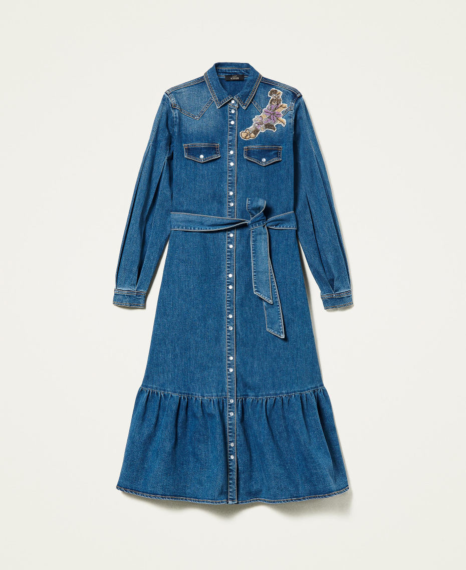 Robe longue en jean avec patch brodé Bleu "Denim Moyen" Femme 221AT234C-0S
