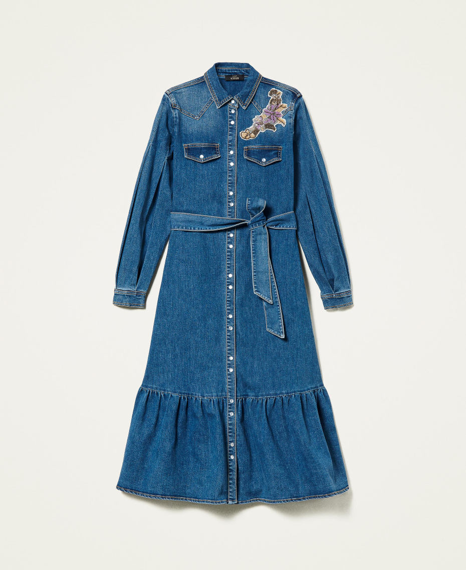 Long denim dress with embroidered patch