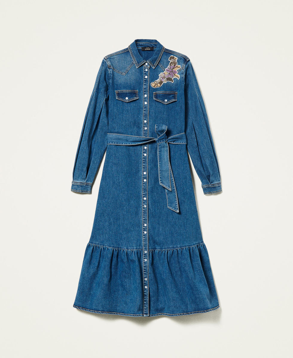 Robe longue en jean avec patch brod&eacute;