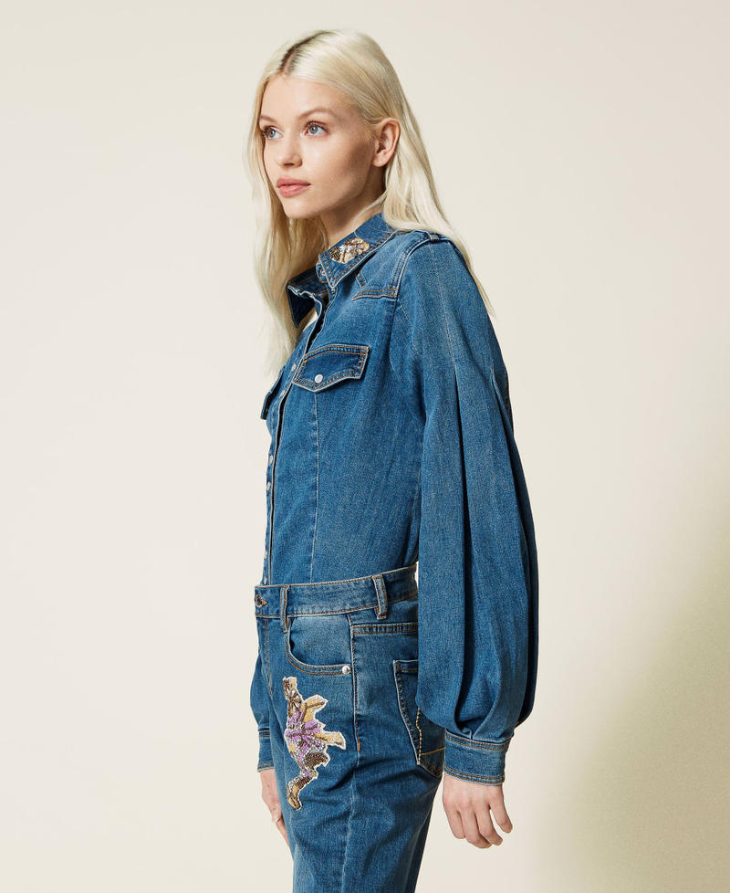 Denim shirt with embroidered patches "Mid Denim" Blue Woman 221AT234D-03