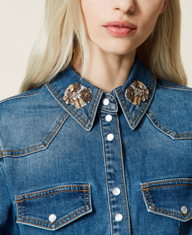 Denim shirt with embroidered patches "Mid Denim" Blue Woman 221AT234D-06