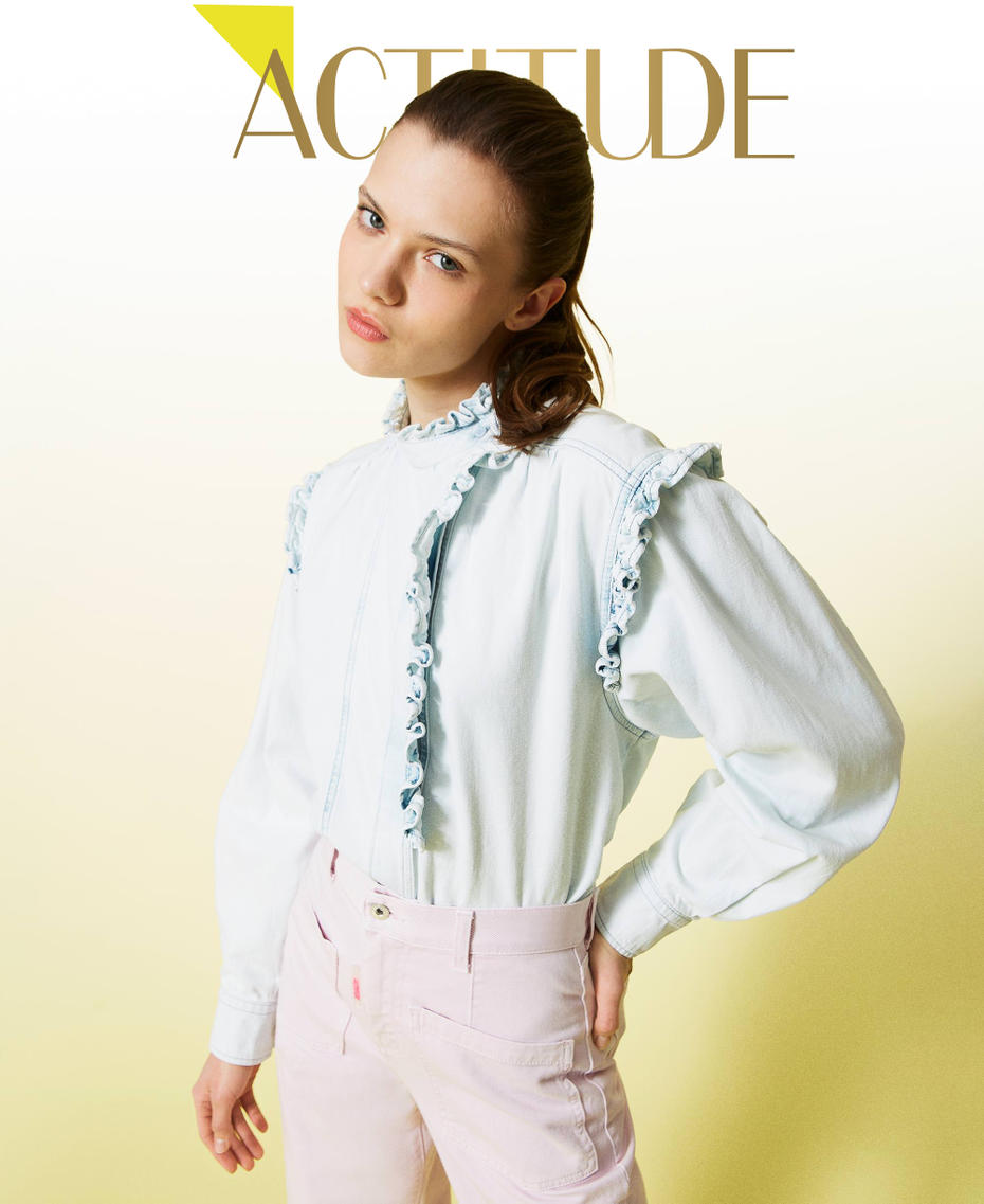 Asymmetric denim shirt with ruffles