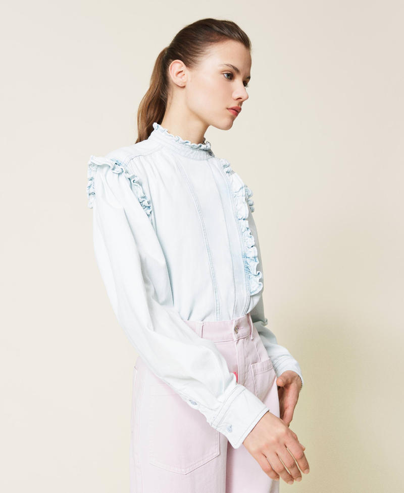 Asymmetric denim shirt with ruffles