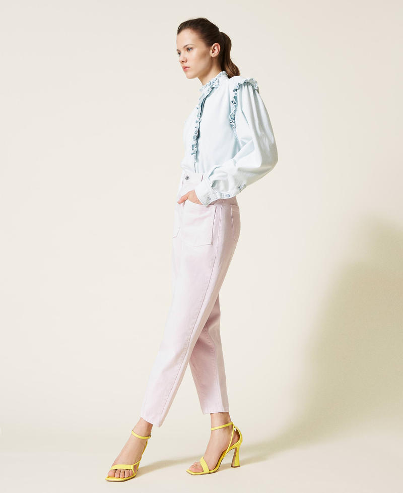 Asymmetric denim shirt with ruffles