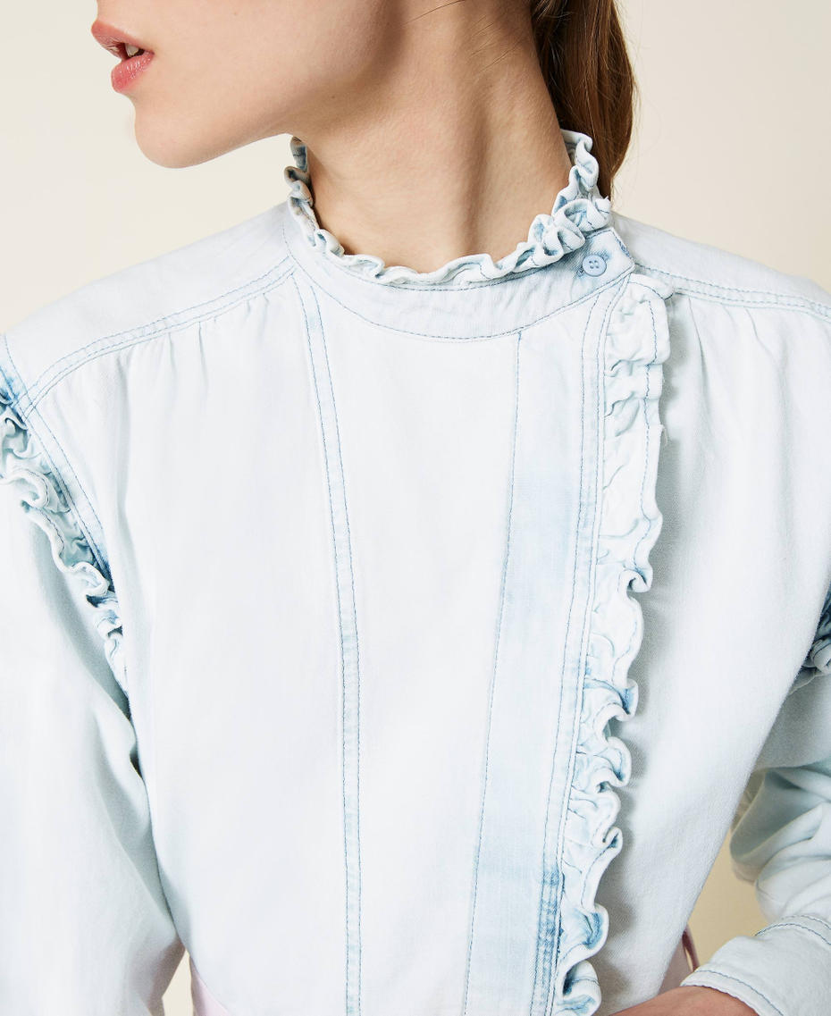 Asymmetric denim shirt with ruffles