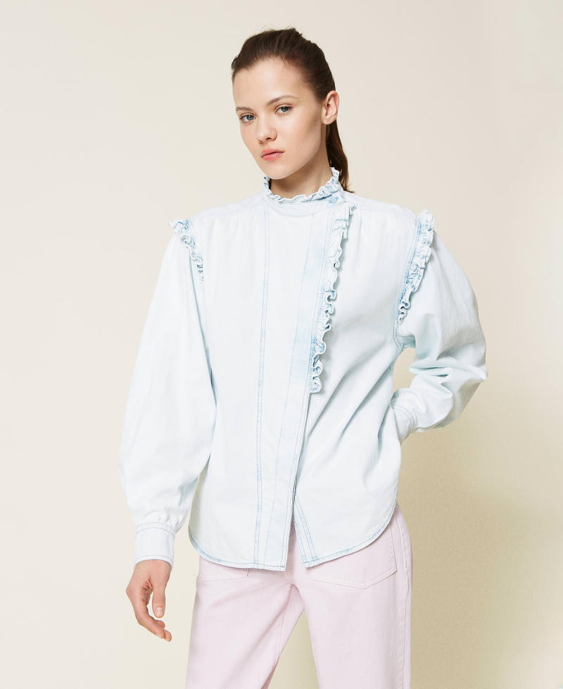 Asymmetric denim shirt with ruffles