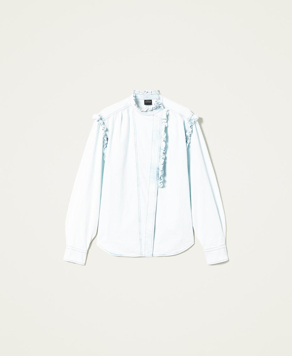 Asymmetric denim shirt with ruffles