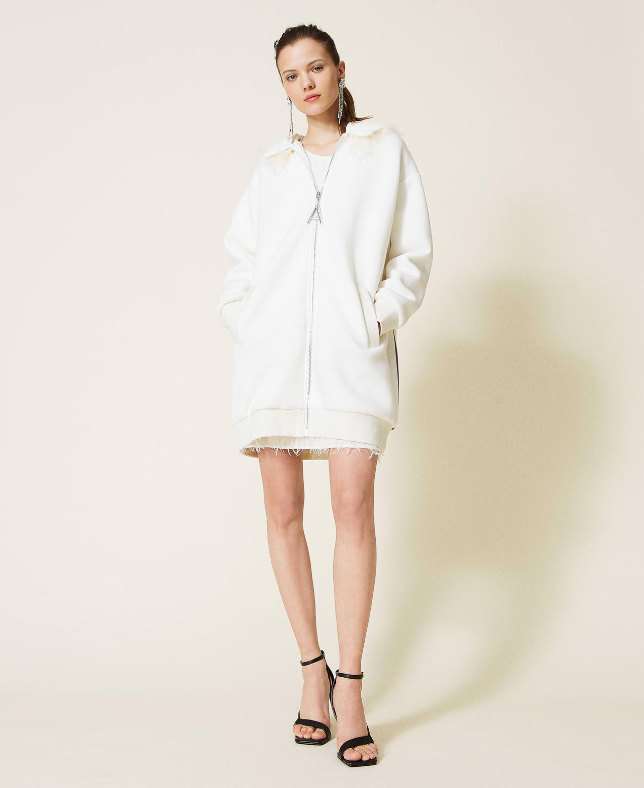 Scuba jacket with feathers White Gardenia Woman 221AT2393_00224_02