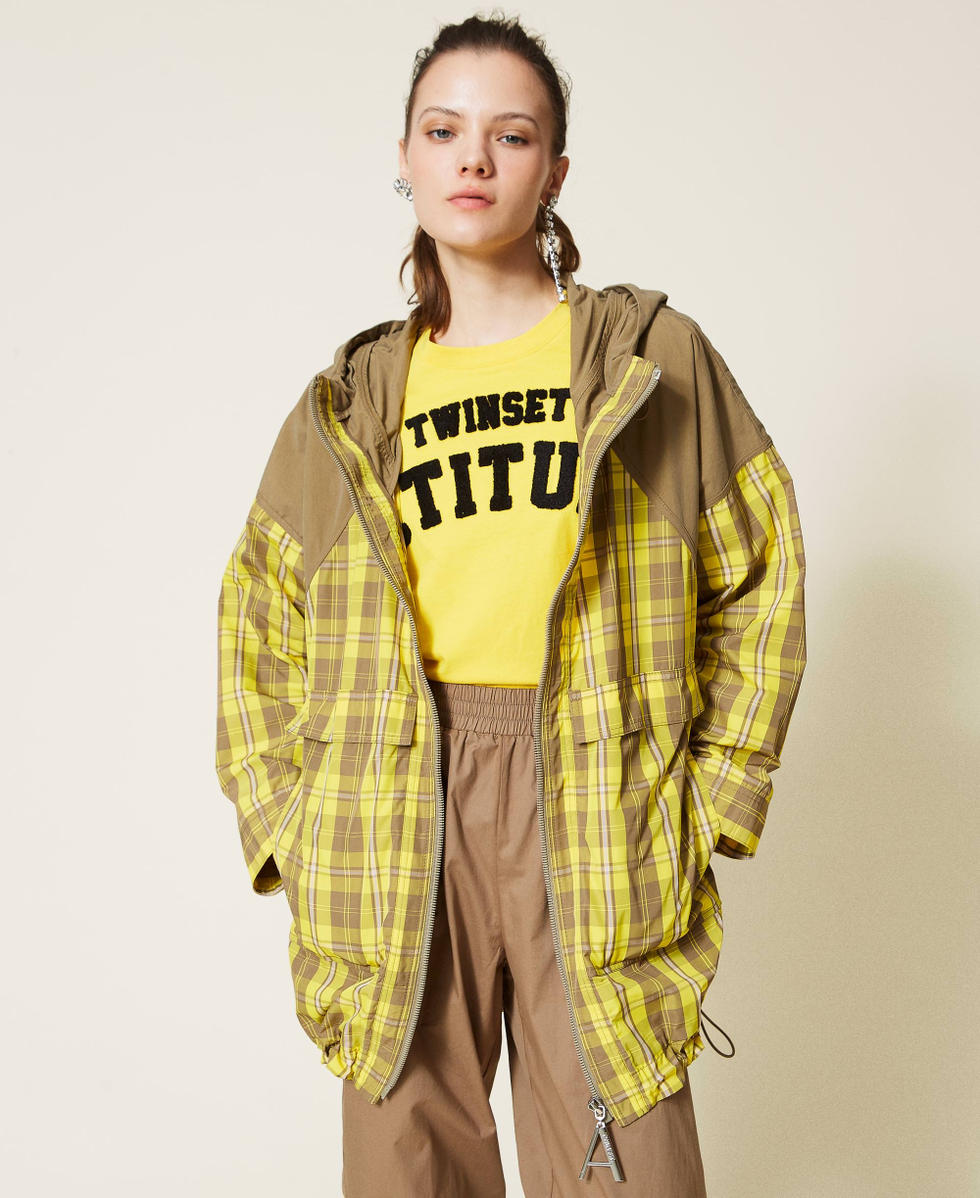 Taffeta parka coat with check pattern