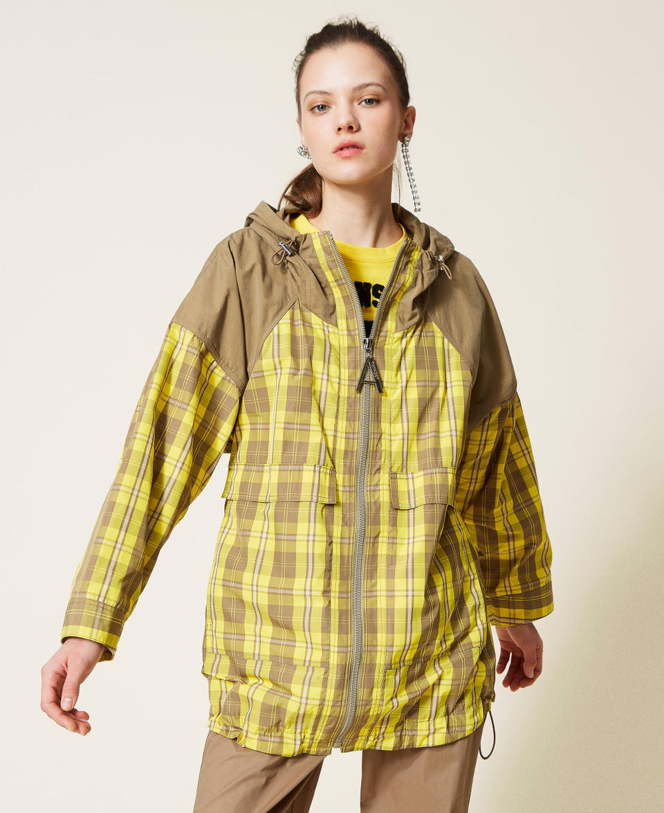 Taffeta parka coat with check pattern