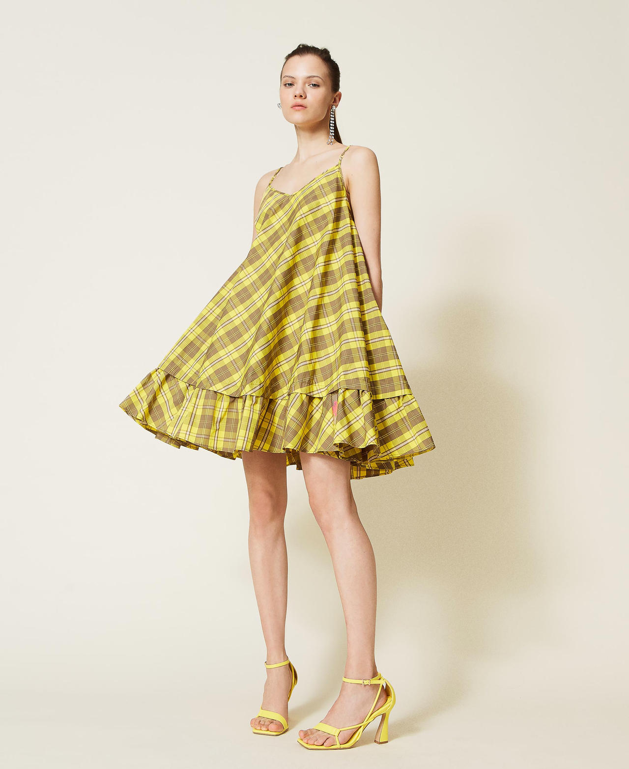 Vestido de tafetán con diseño de cuadros Cuadros Amarillo Vivo Mujer 221AT2411-02
