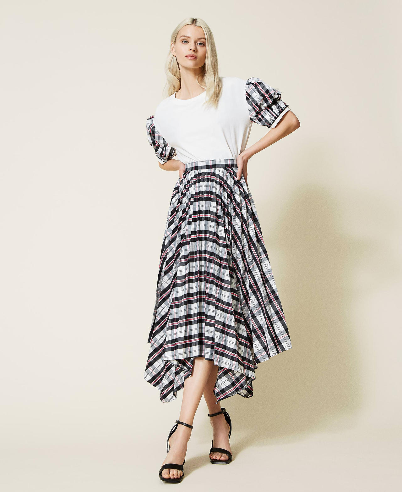 Taffeta skirt with check pattern Gardenia White Checks Woman 221AT2412-02