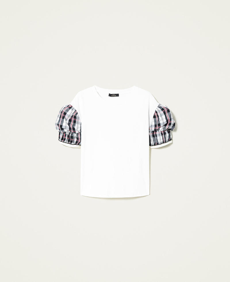 T-shirt with chequered taffeta sleeves Two-tone Gardenia White / Gardenia White Checks Woman 221AT2413-0S