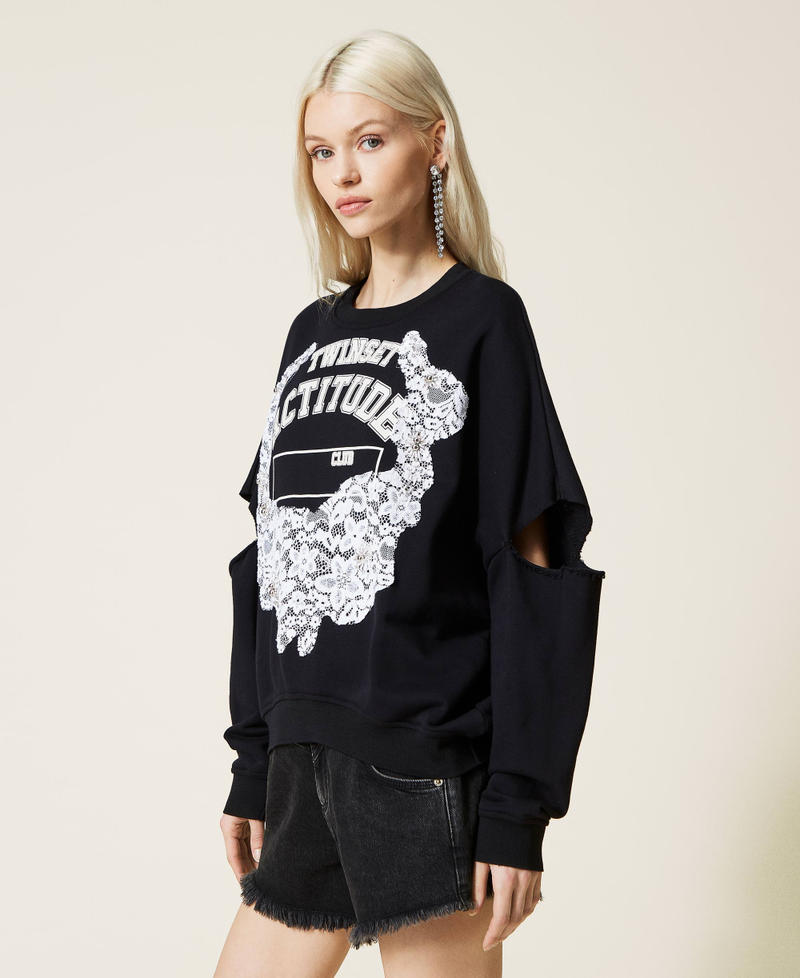 Cut-out sweatshirt with logo and lace Black Woman 221AT2470-04