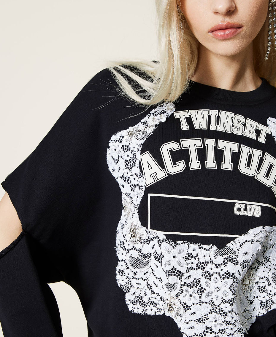 Cut-out sweatshirt with logo and lace Black Woman 221AT2470-05