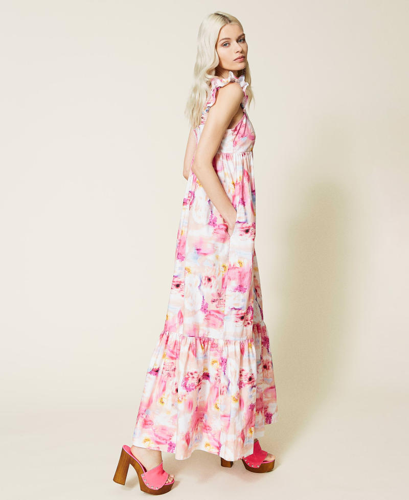 Robe longue en popeline florale Nuances de Rose « Hot Pink » Femme 221AT2480-03