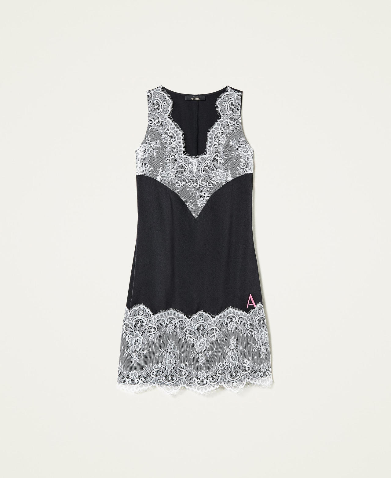 Twill and lace dress Two-tone Black / Pale Cream Woman 221AT2490-0S