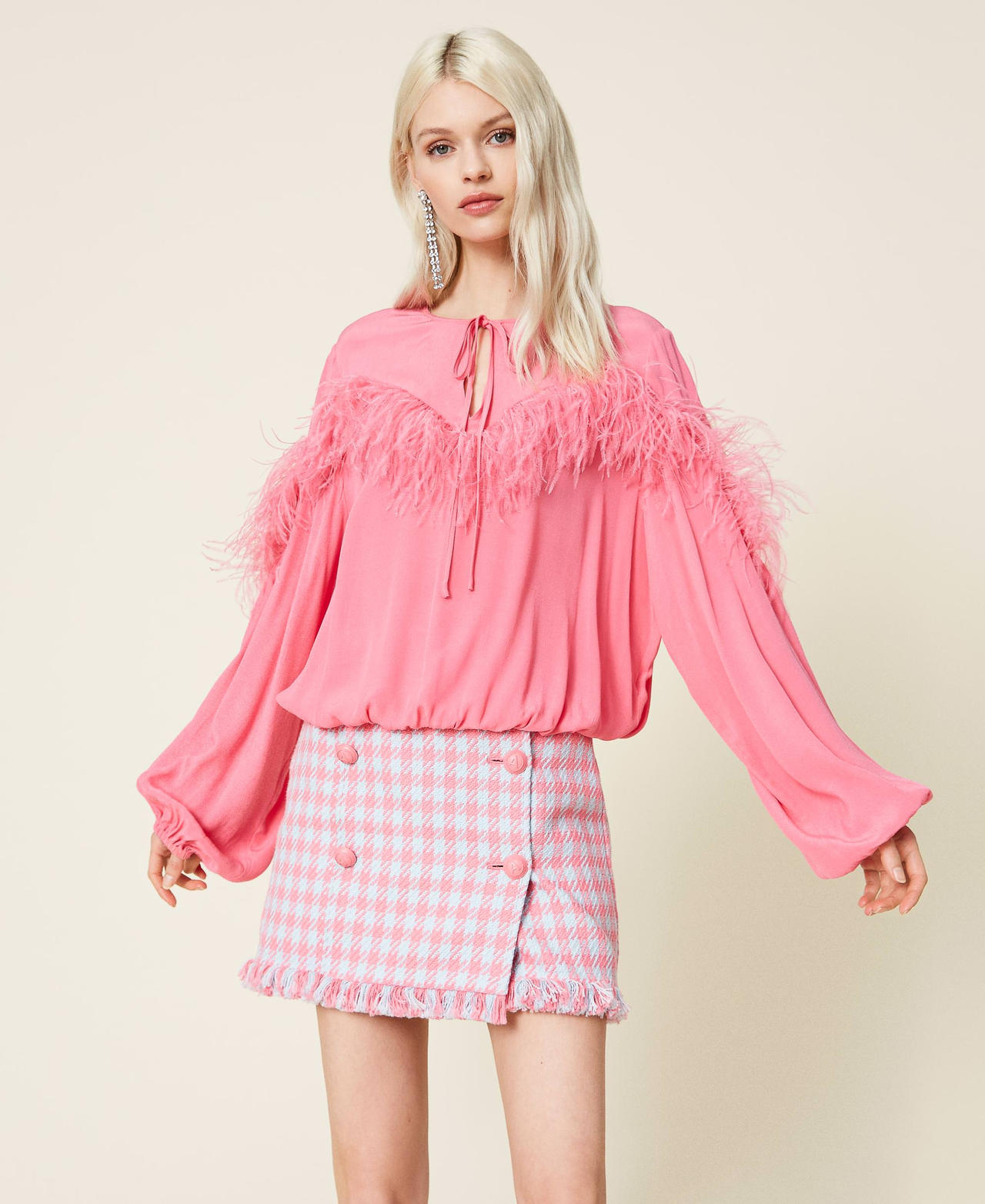 Crêpe de Chine blouse with feathers "Hot Pink" Woman 221AT2500-02