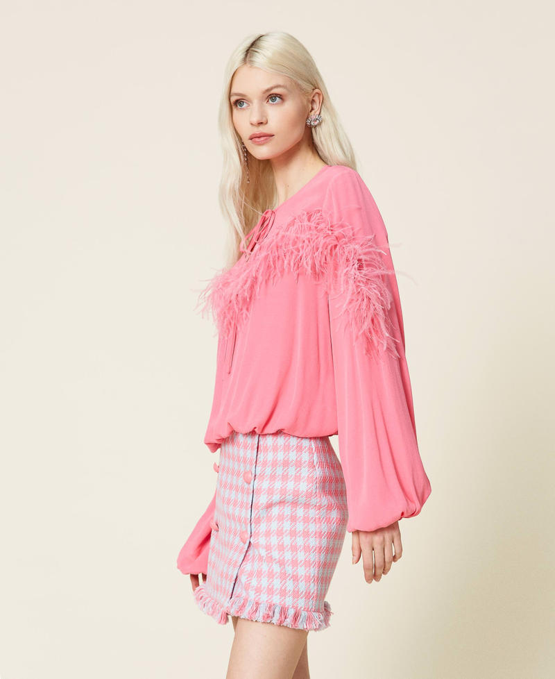 Crêpe de Chine blouse with feathers "Hot Pink" Woman 221AT2500-03