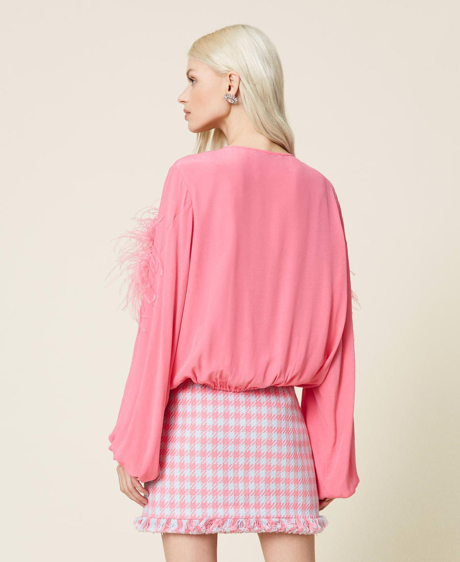 Crêpe de Chine blouse with feathers "Hot Pink" Woman 221AT2500-04