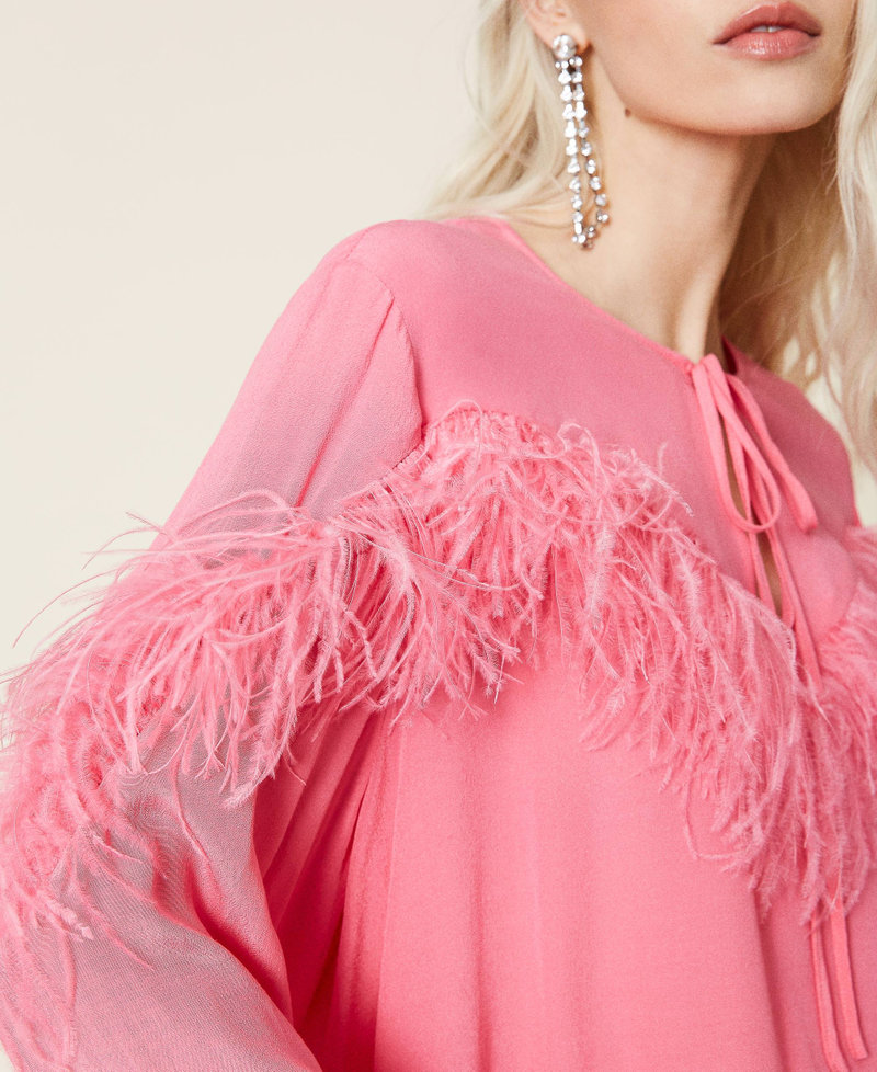 Crêpe de Chine blouse with feathers "Hot Pink" Woman 221AT2500-05
