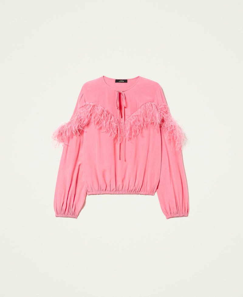 Bluse aus Crêpe de Chine mit Federn „Hot Pink“-Rosa Frau 221AT2500-0S