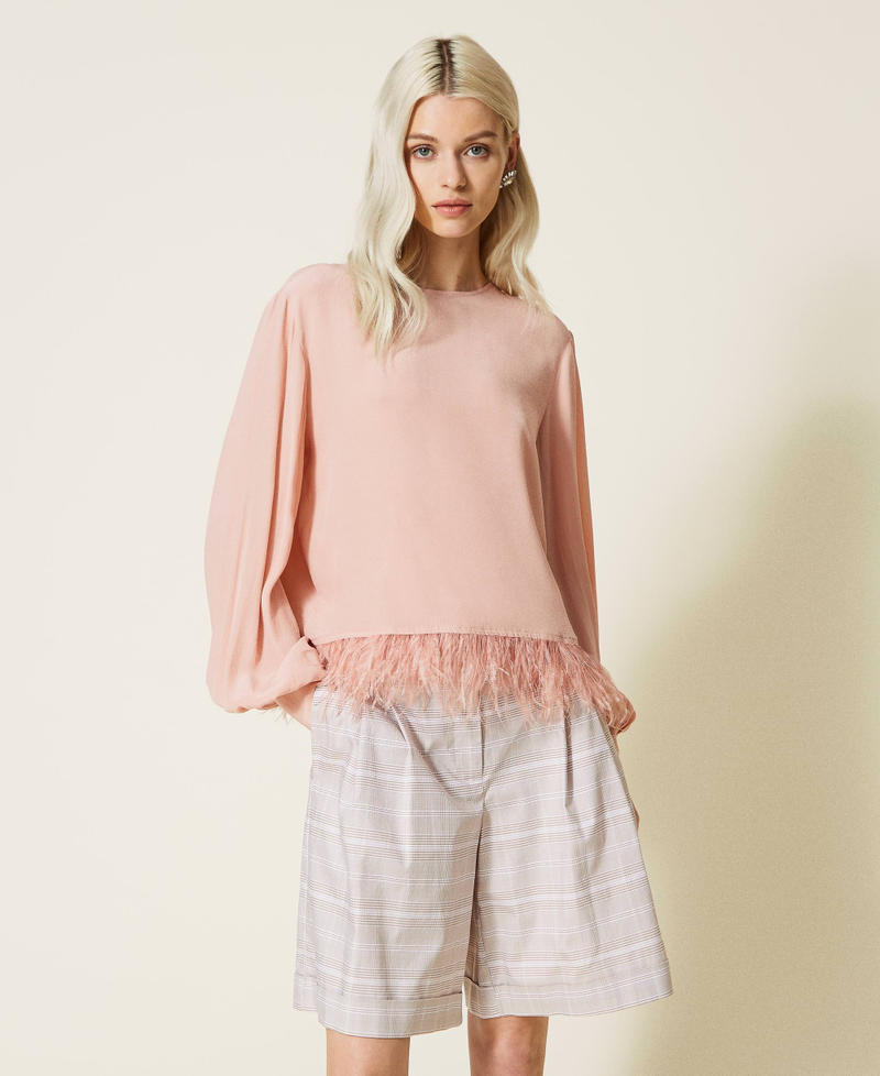 Crêpe de Chine blouse with feathers Woman, Pink | TWINSET Milano