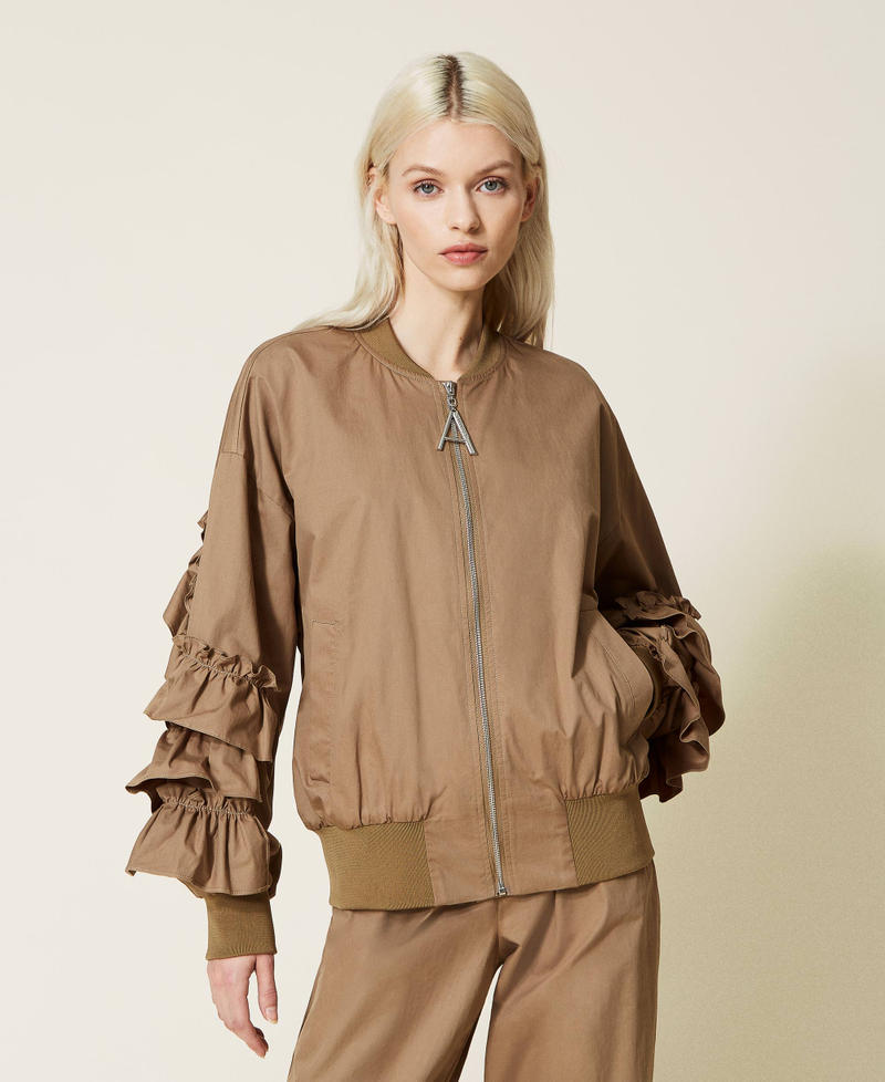 Poplin bomber jacket with flounces "Rustic" Brown Woman 221AT2542-02