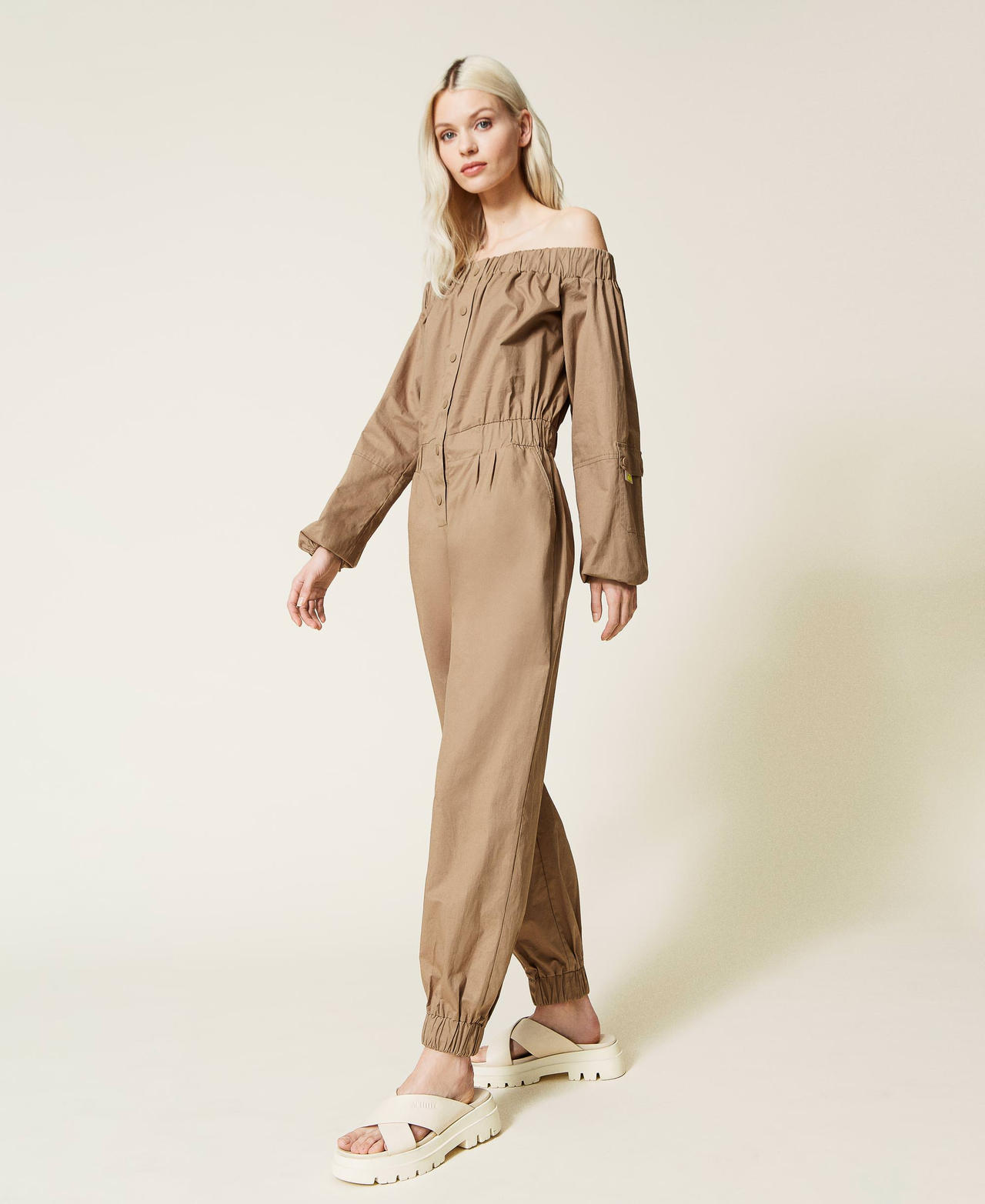 Off-shoulder poplin jumpsuit