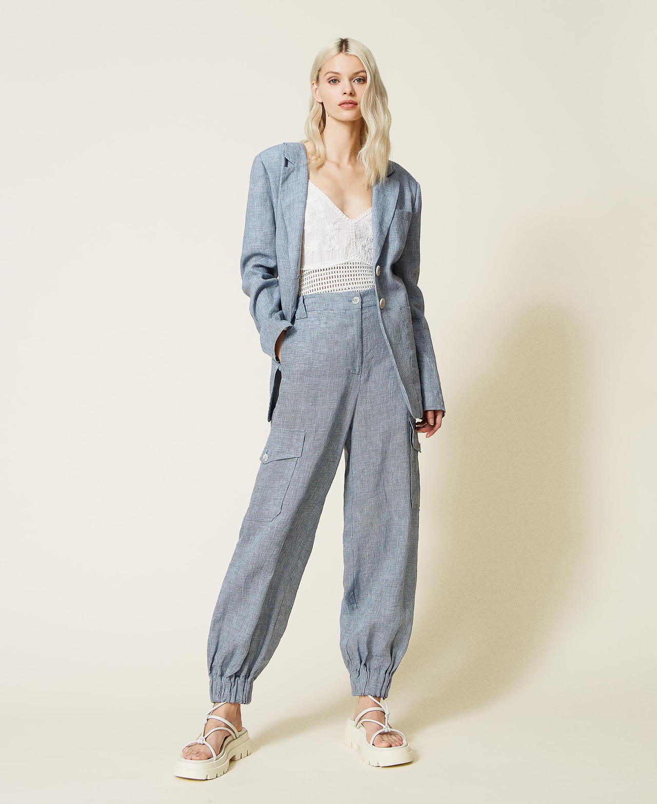 Leinenblazer mit Hahnentrittmuster