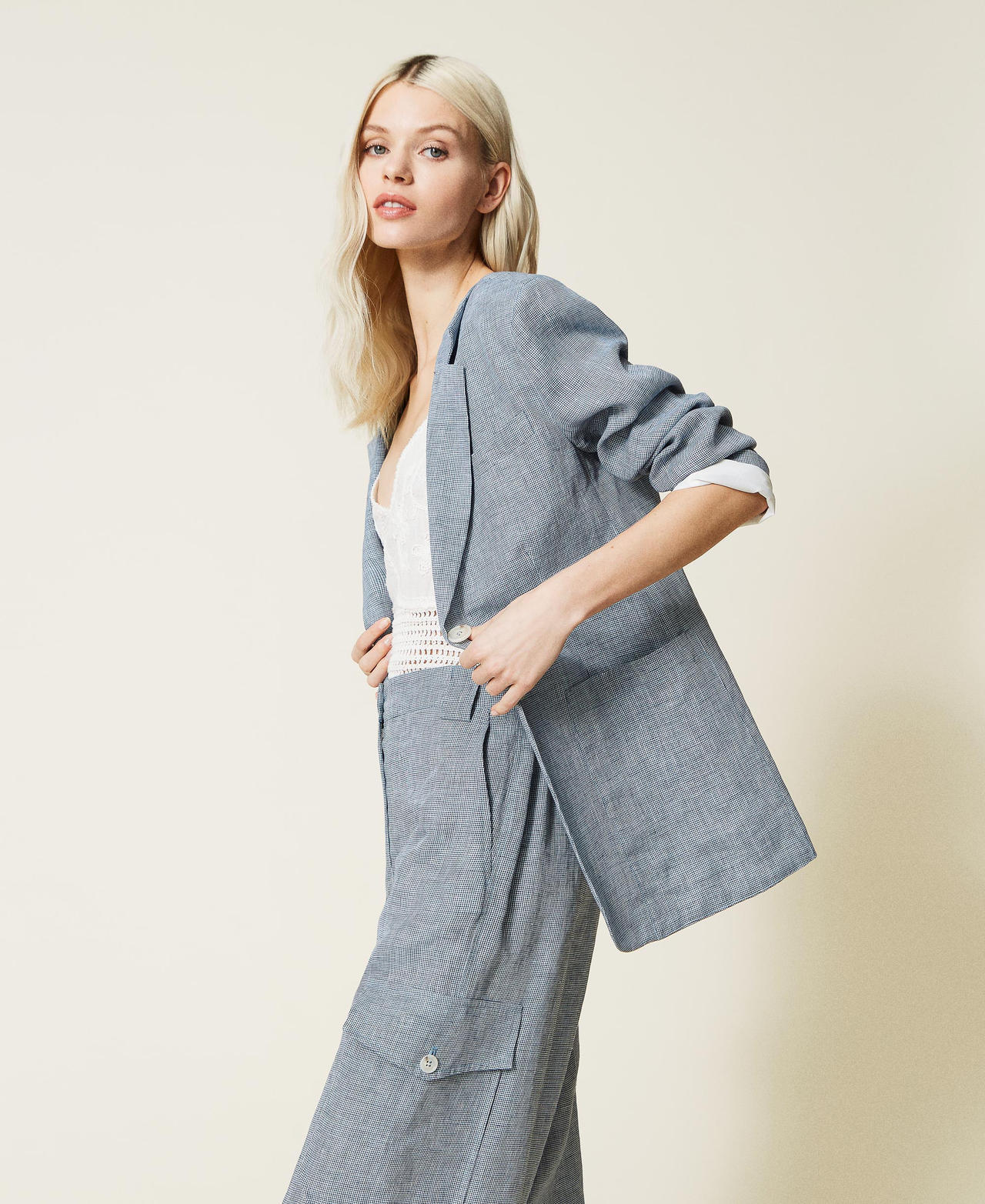 Houndstooth linen blazer Chantilly / "Space Blue” Houndstooth Woman 221AT2570-03