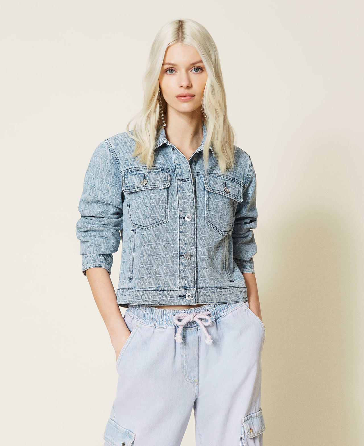 Denim jacket with jacquard logo