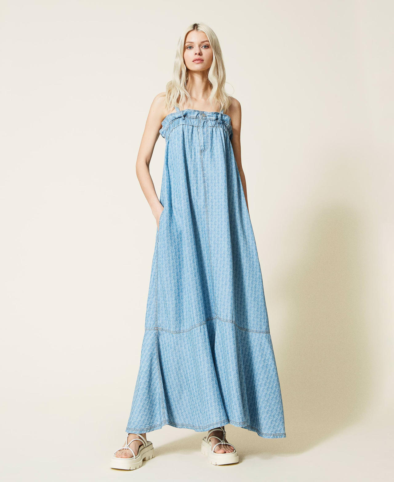 Printed, floaty denim long dress