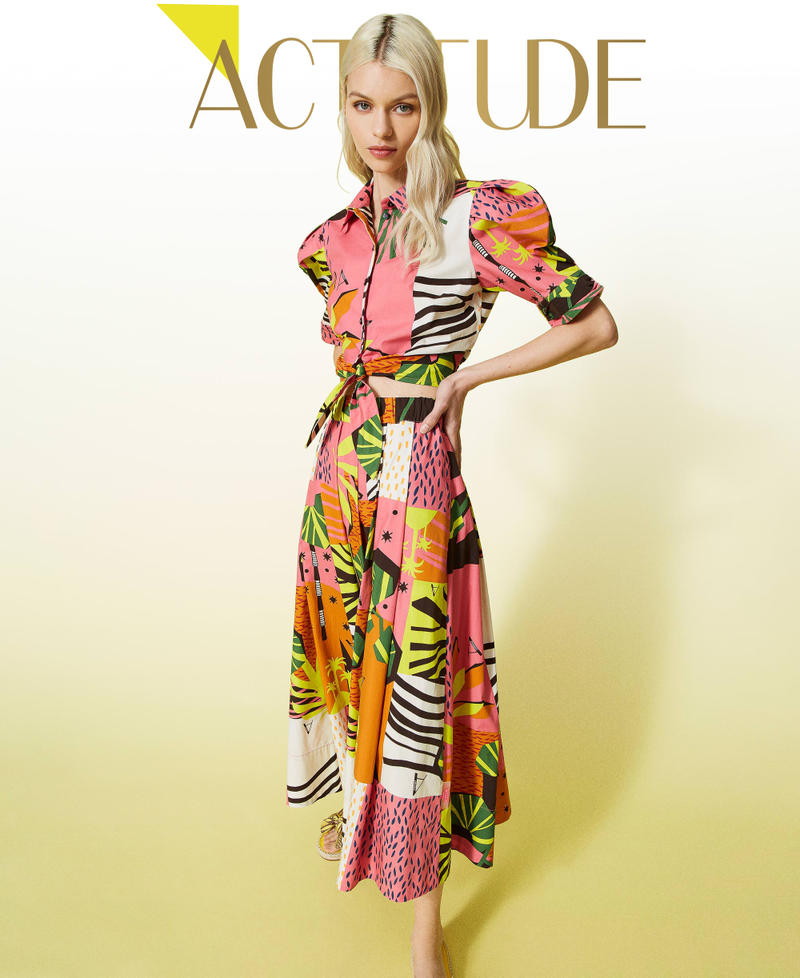 Printed poplin long skirt