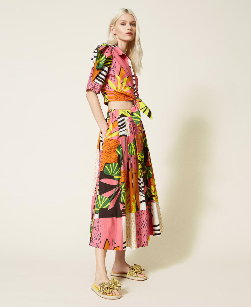 Printed poplin long skirt