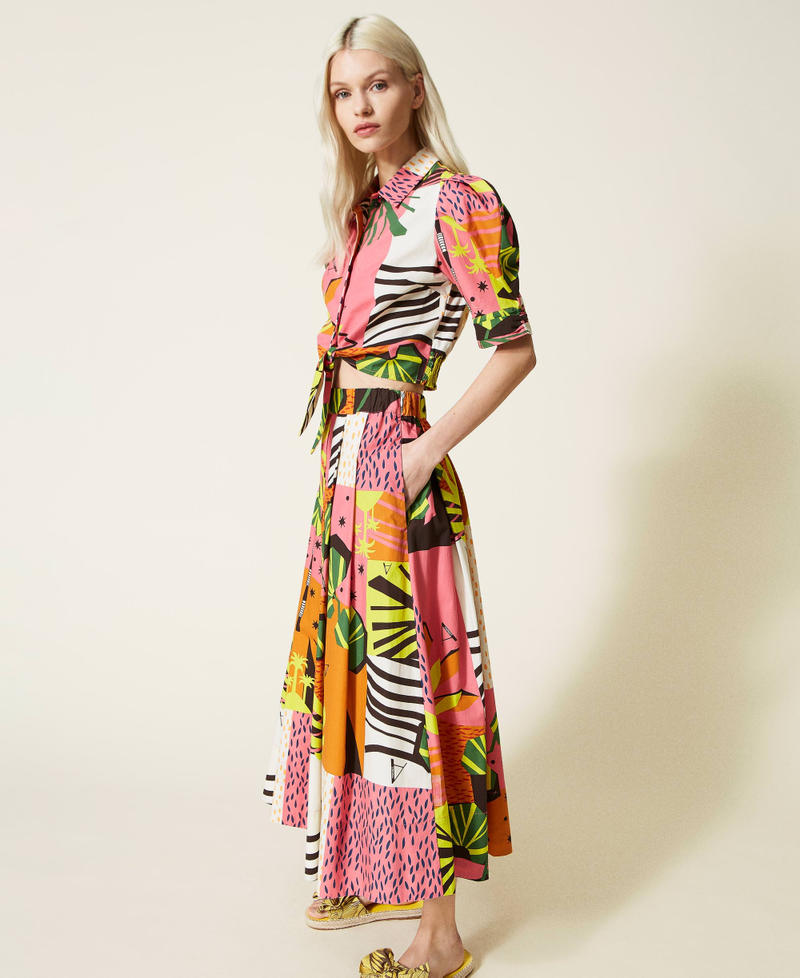 Printed poplin long skirt